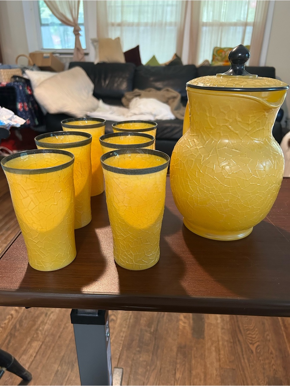 MCM Yellow Crackle Glass Pitcher and 6 Tumblers Set, clear glass/fired on yellow